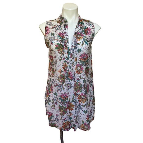 Vintage Y2K cAbi Sheer Boho Floral Tunic Mini Dress White Pink Teal Medium - Picture 1 of 7